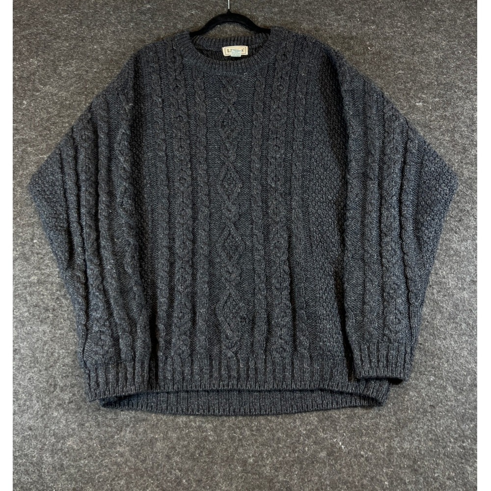 Vintage 90s LL Bean Ireland Wool Cable Knit Sweater Gray Mens XL Crewneck